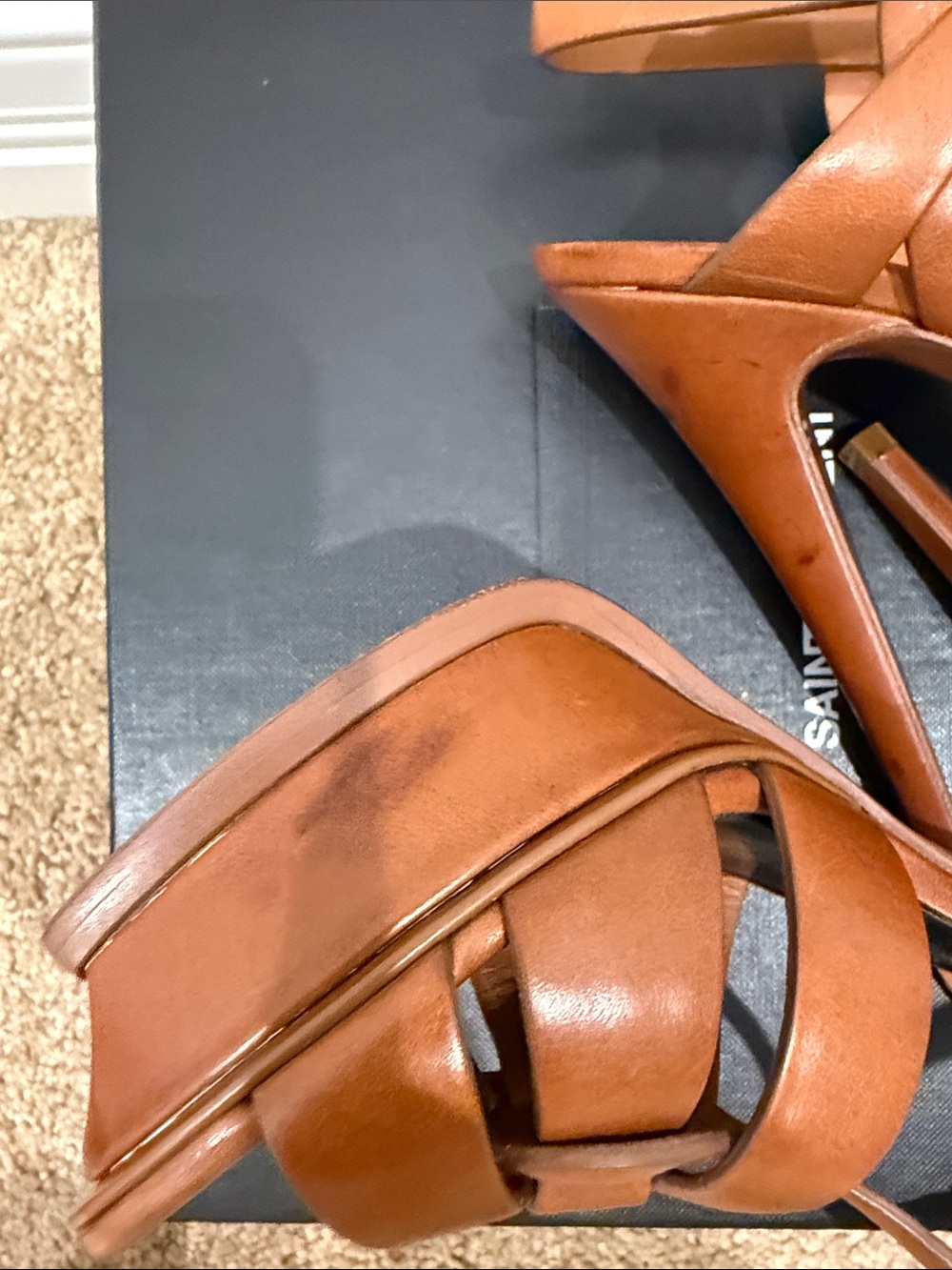 Saint Laurent Tribute 105 Camel Leather Platform Sandals Heels 37.5 Full Set - Picture 9 of 13